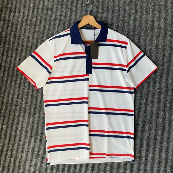 G/FORE Mens M Golf Polo Shirt Offset Stripe Red White‎ Blue G4 Performance New 2 - Picture 1 of 9